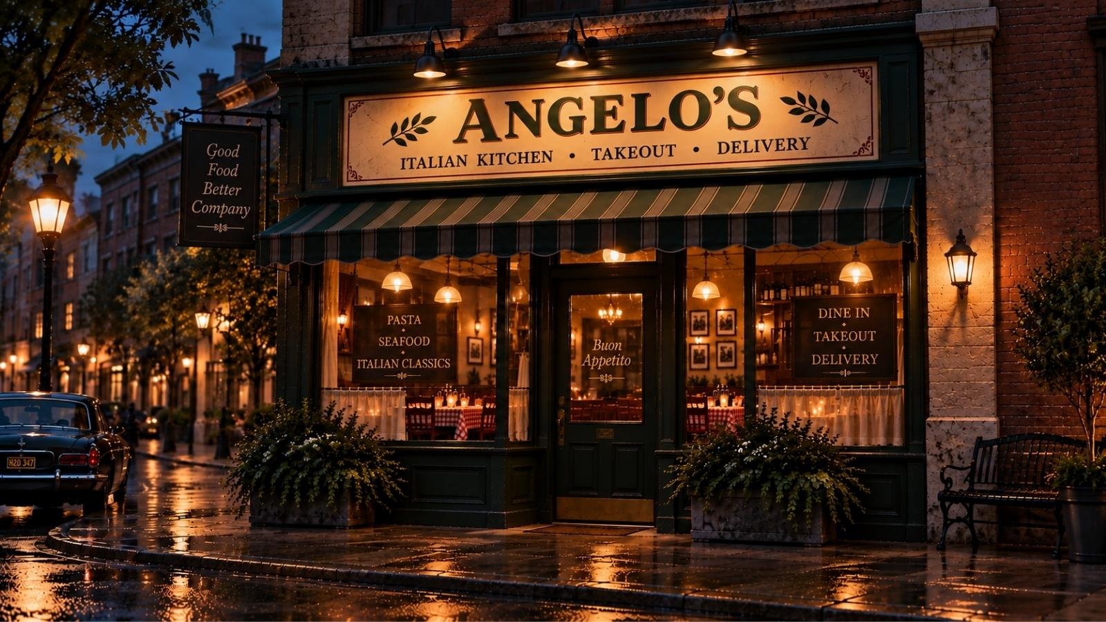Angelo’s Italian Kitchen on a quiet city street at night, with signs advertising takeout and delivery.