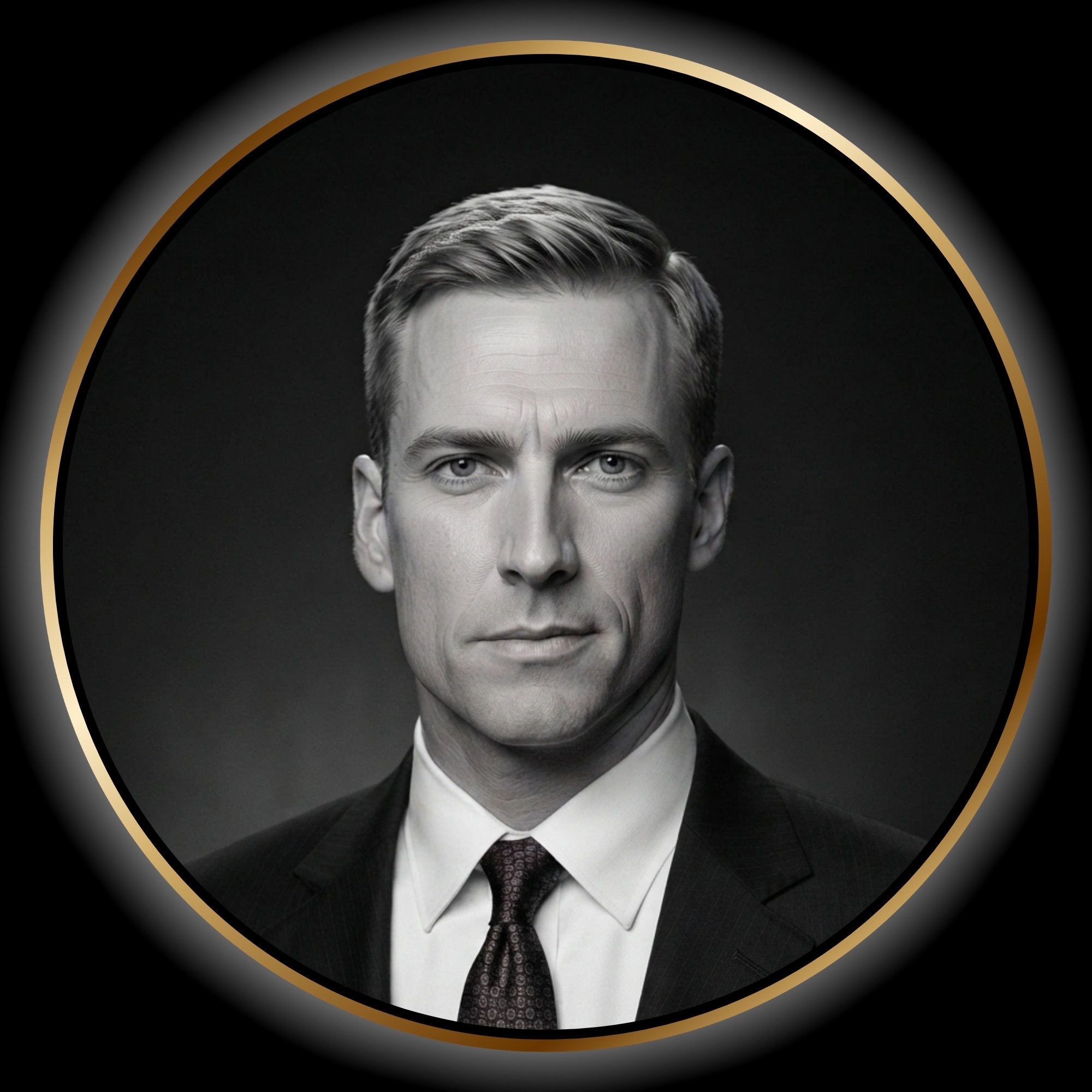 Black-and-white portrait of Duke, a clean-cut mob lawyer in Paper Trail.