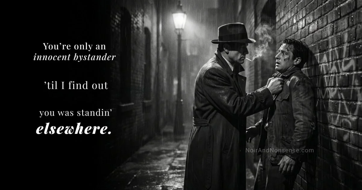Black-and-white noir scene of a detective pinning a frightened suspect against a rain-soaked alley wall during a tense nighttime interrogation.