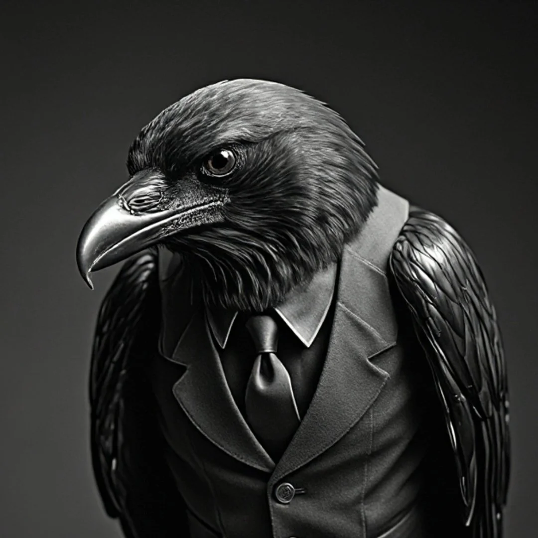 Black-and-white portrait of the talking raven from Another Night in Tinseltown wearing a suit and tie.