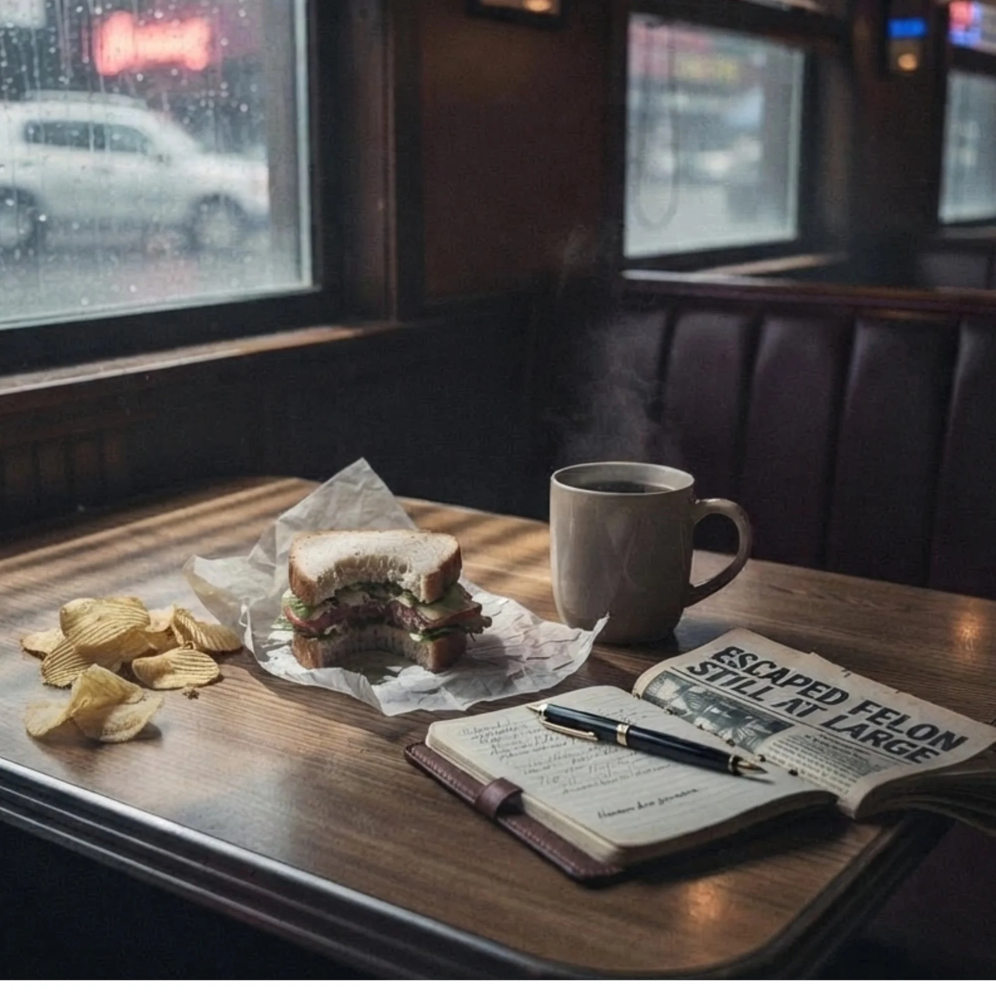 Half-eaten sandwich, steaming coffee, detective's notebook, and newspaper on a rainy diner table, abandoned when the investigation couldn't wait.