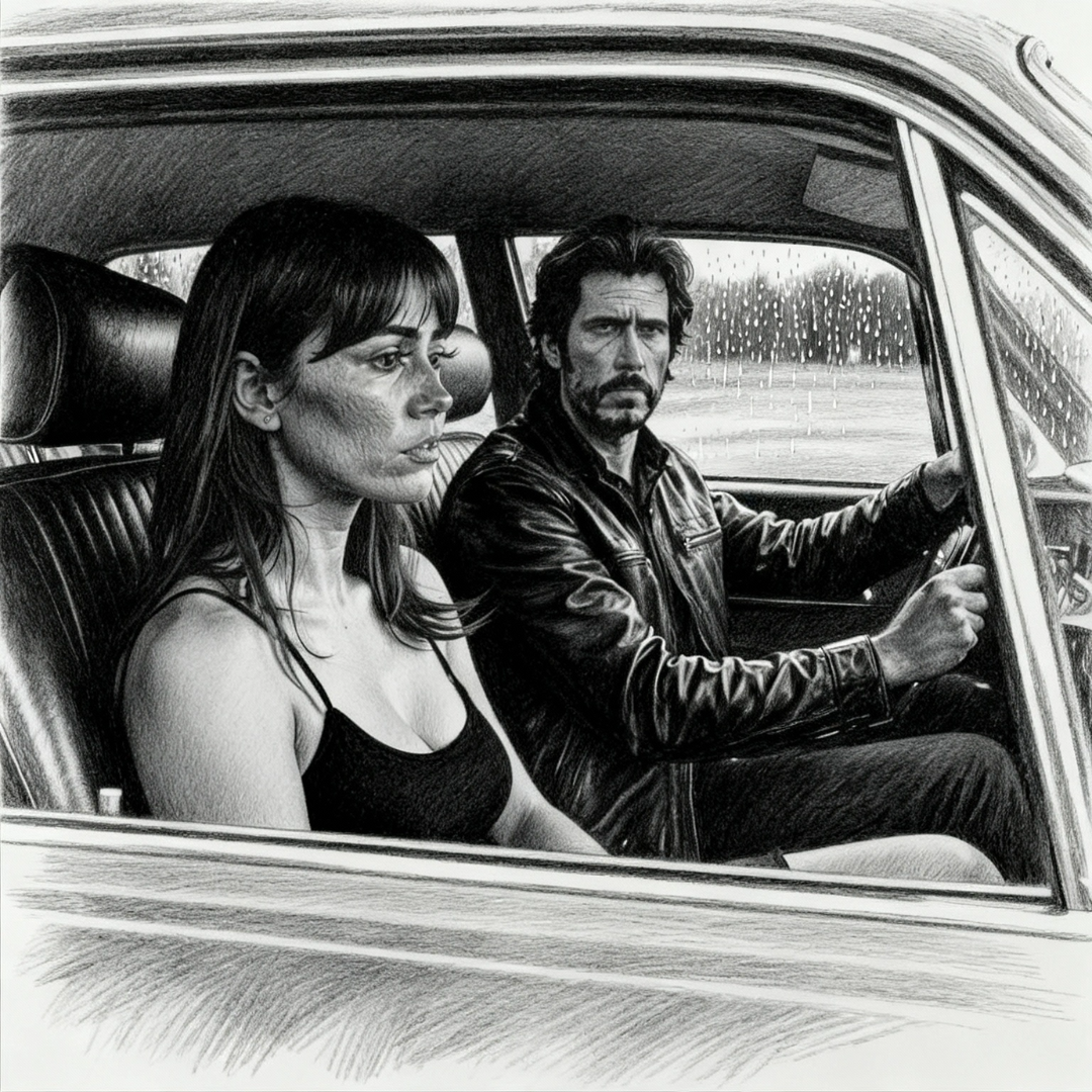 Margot and Hickox having a conversation inside the car while on the stakeout noir scene in charcoal