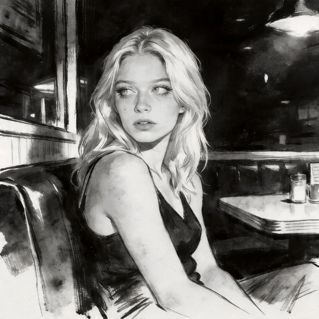 Woman sitting in a diner looking over her shoulder with a fearful expression in a noir setting