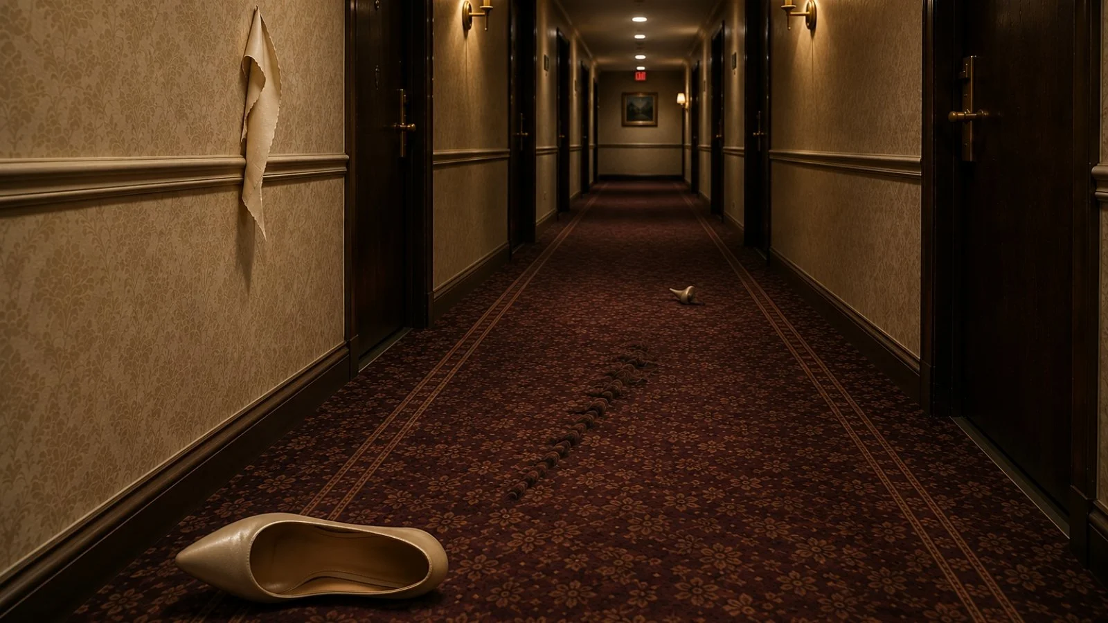 A broken high-heeled shoe and its detached heel lie in a disturbed hotel hallway with torn wallpaper.