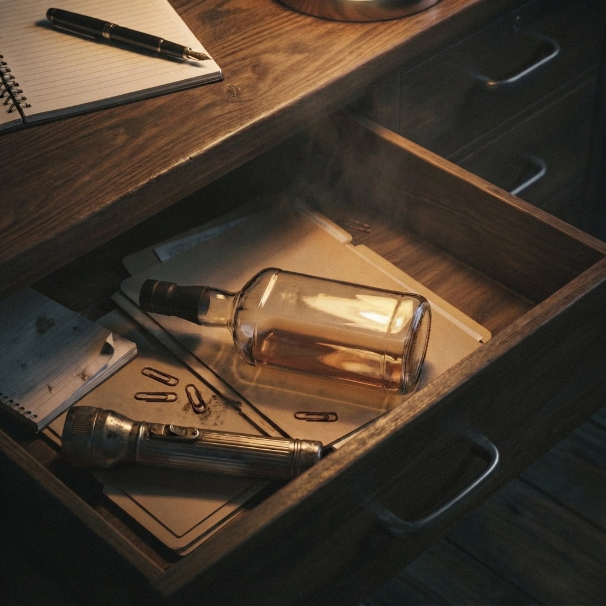 An open desk drawer reveals a nearly empty bottle tucked among case files, a flashlight, and office supplies in a private detective's office.