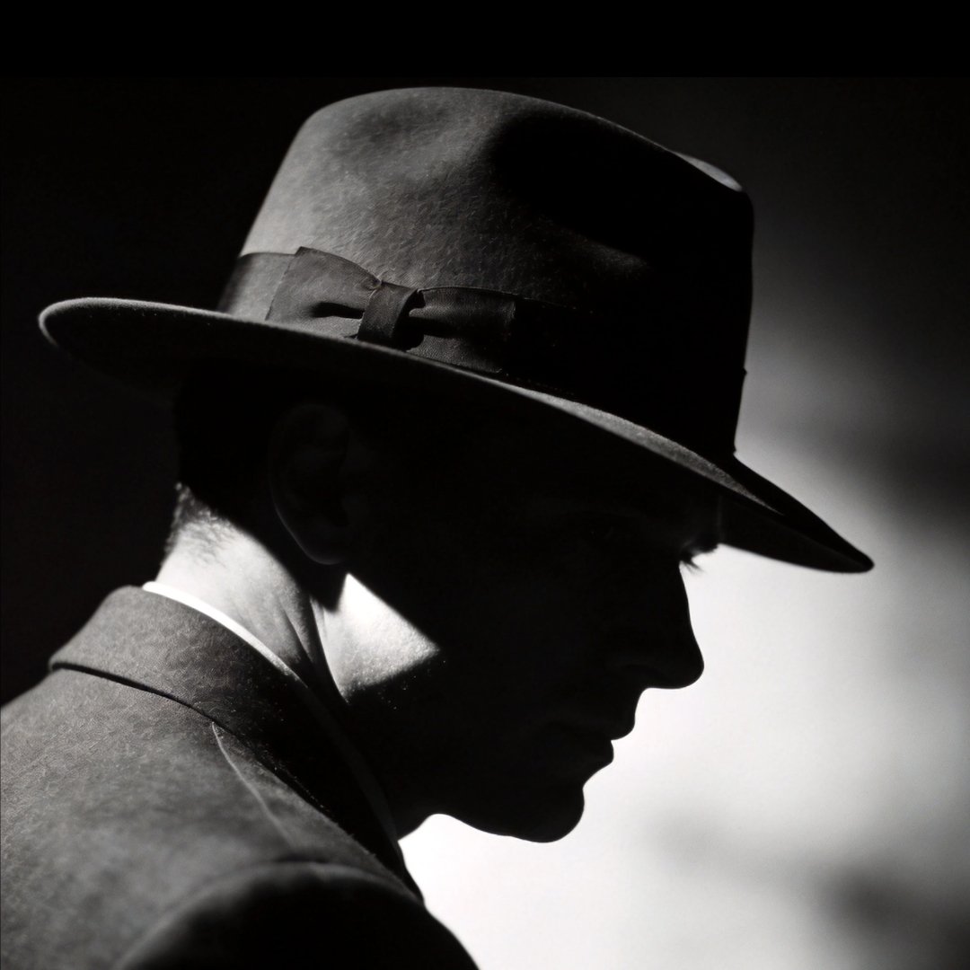 Black-and-white portrait of the unnamed detective from Another Night in Tinseltown wearing a fedora in profile.