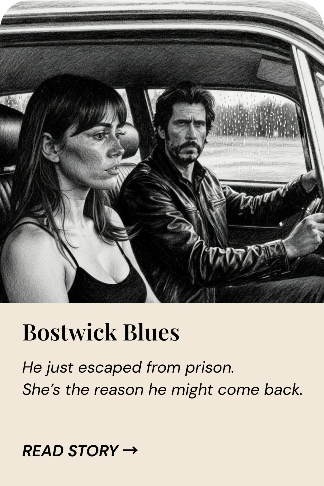 Story card for Bostwick Blues, a noir short story about an escaped convict, betrayal, and second chances.