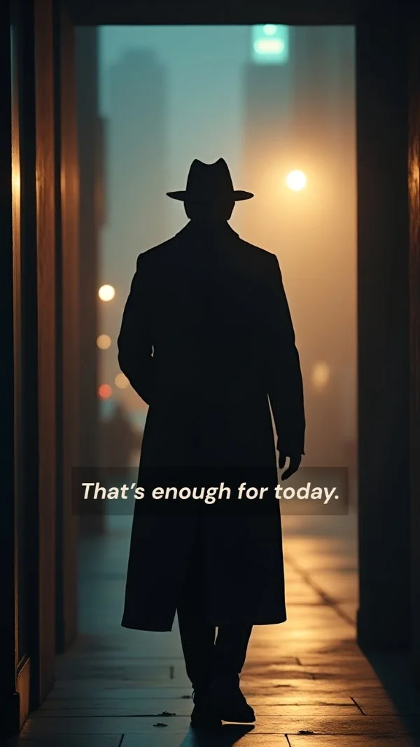 Man in trench coat and fedora leaving, digital wallpaper card reads, "That's enough for today."