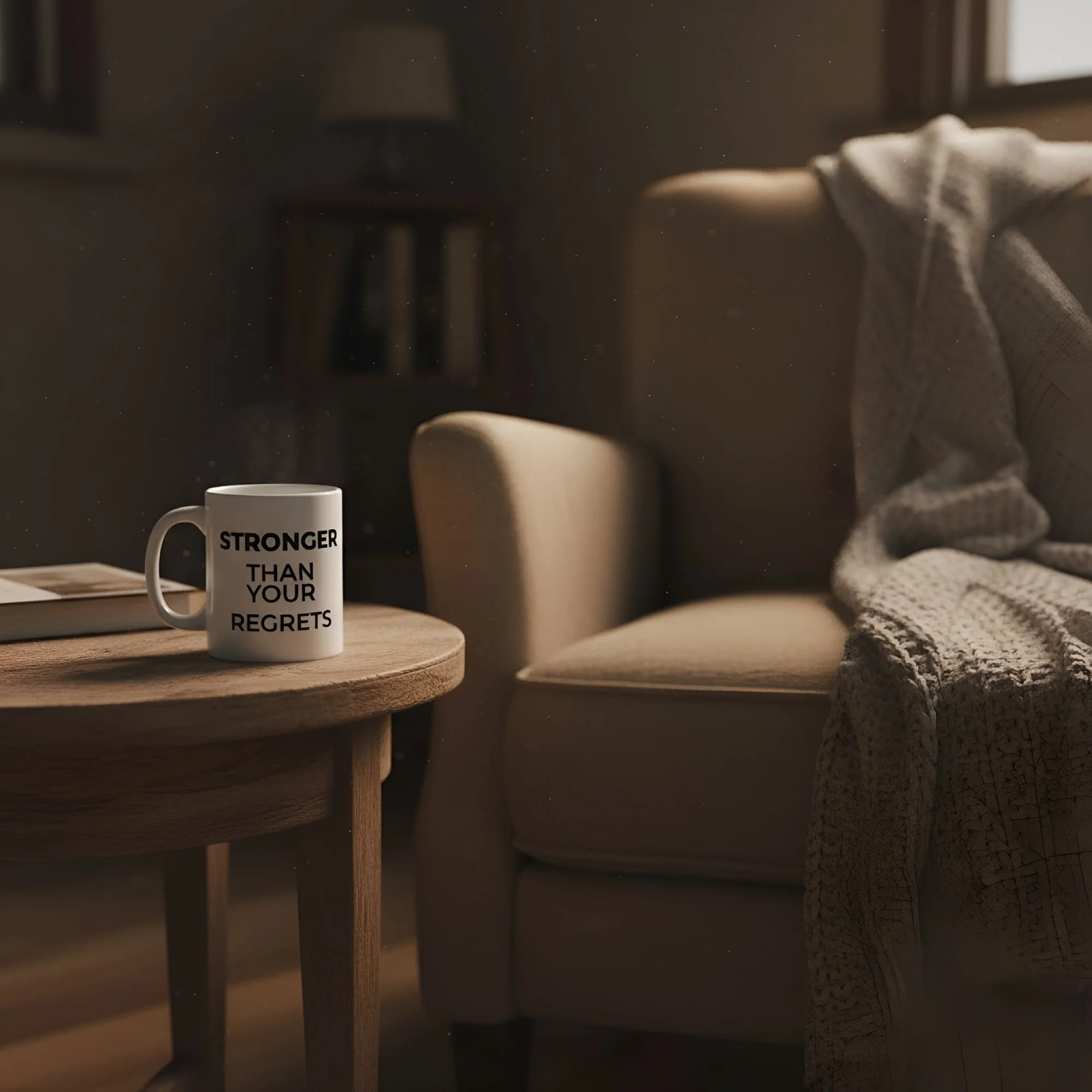 Stronger than your regrets mug on a side table next to arm chair with blanket draped over it