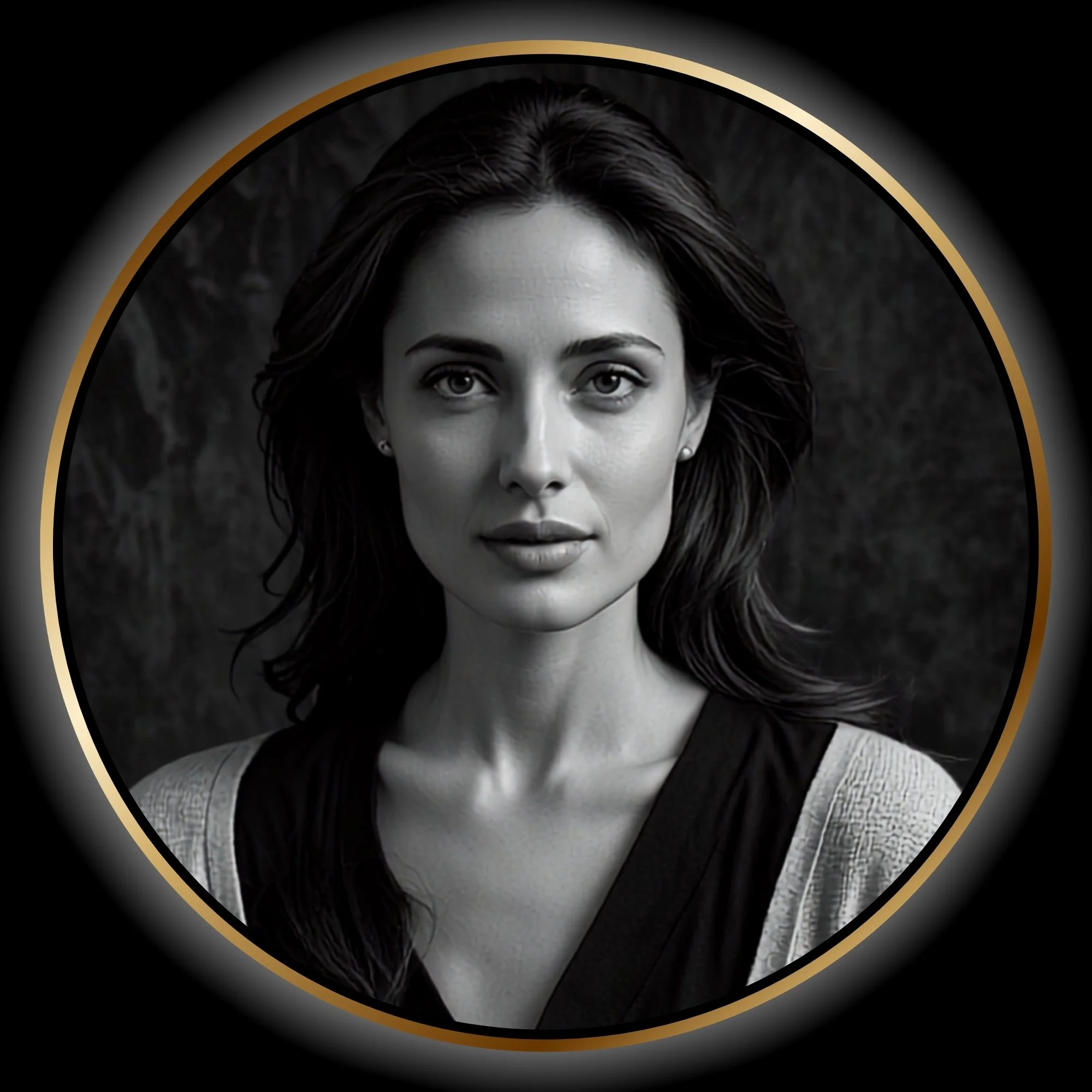 Black-and-white portrait of Angelina, a dark-haired woman connected to Max in Paper Trail.
