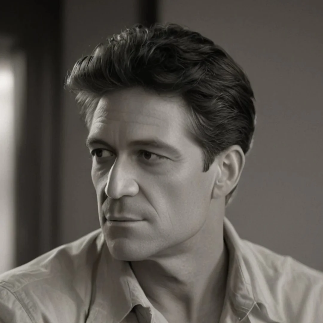 A weary saloon owner, eyes heavy with thought and quiet authority in a dimly lit noir setting.