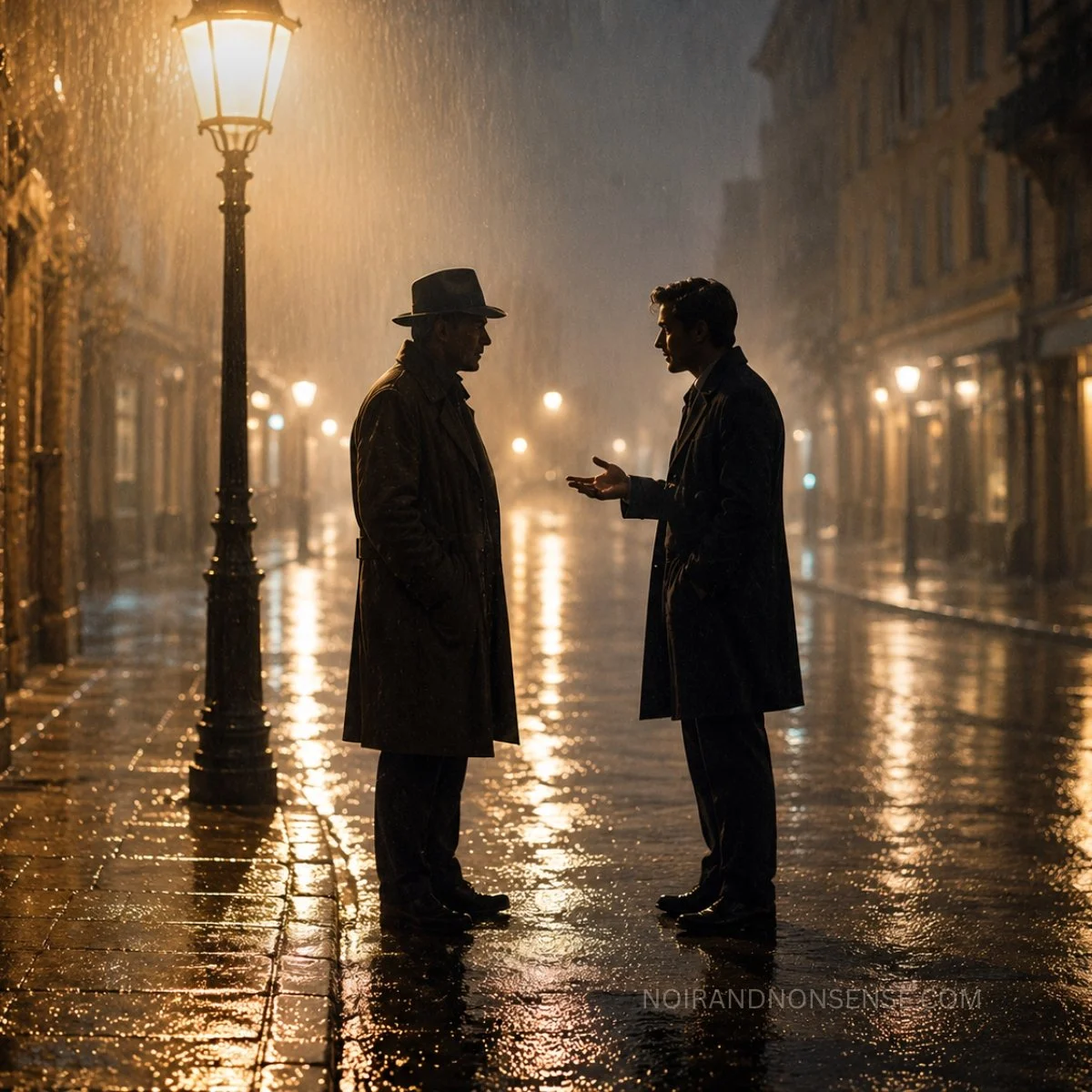 Two men talking beneath a streetlamp on a rain-soaked city street at night.