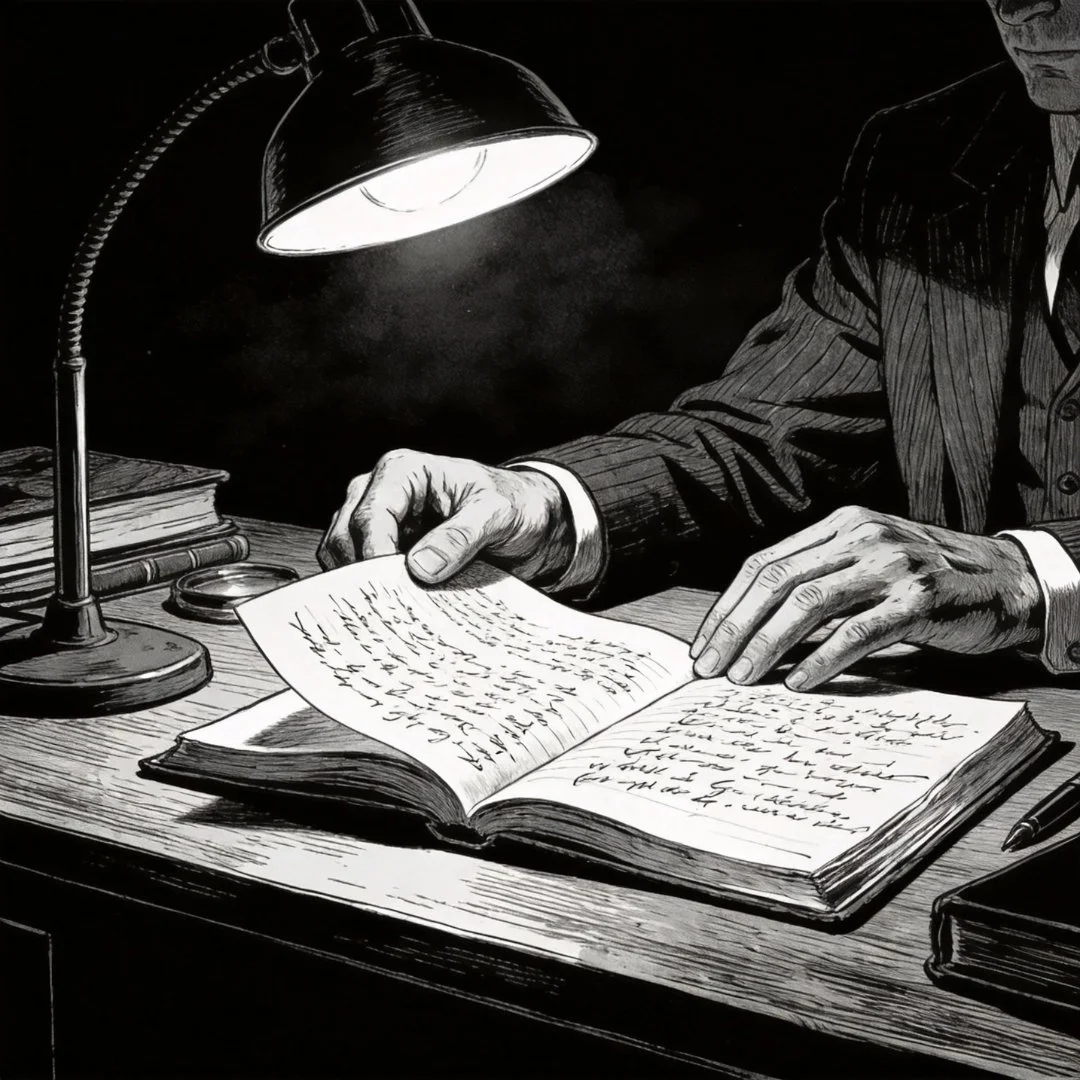 Illustrated noir detective studies a handwritten diary beneath a desk lamp, turning pages as he uncovers an important clue.