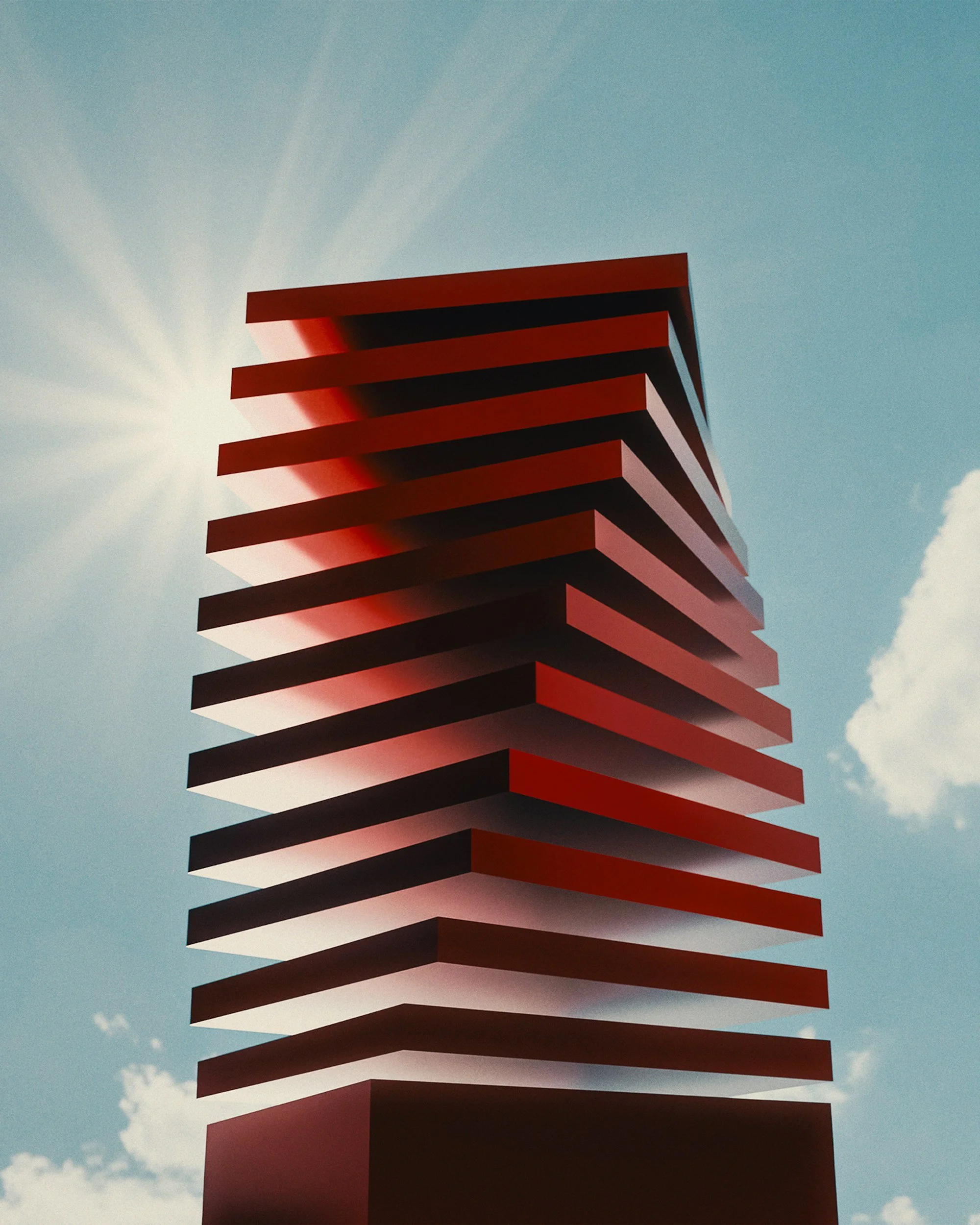 A tall modern building with horizontal red and black bands is set against a blue sky with clouds, with the sun shining in the background.
