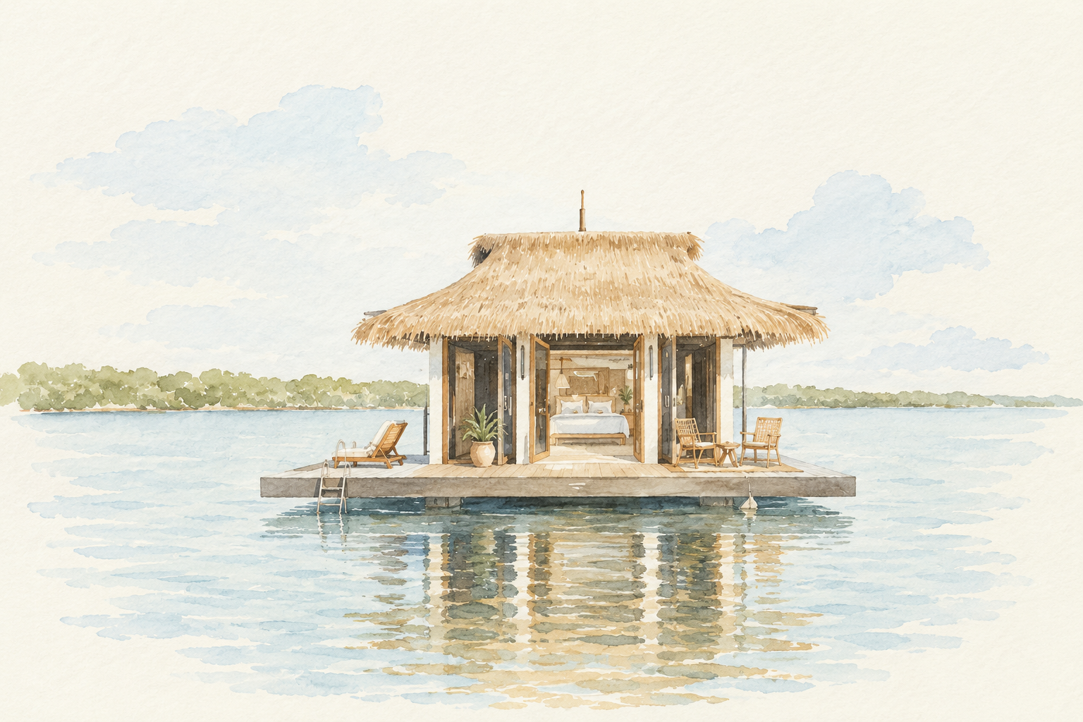 Watercolor illustration of floating bungalow in Key Largo Florida.