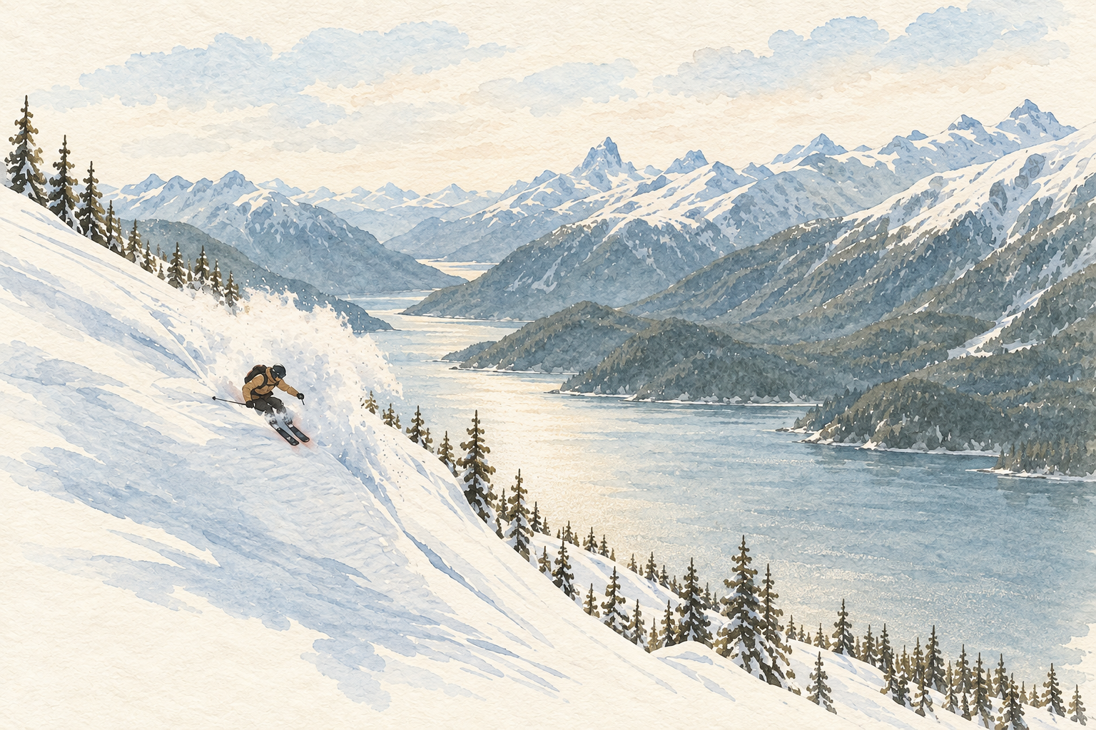 Watercolor illustration of a skier on a mountain in Canada.
