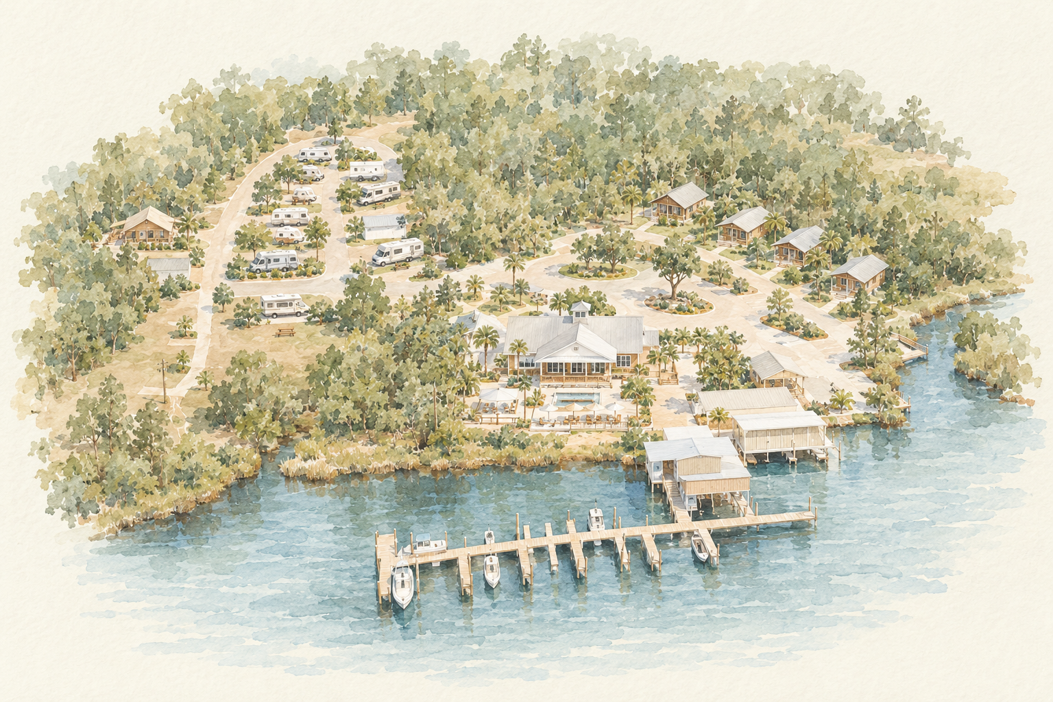 Watercolor illustration of outdoor hospitality RV park property.