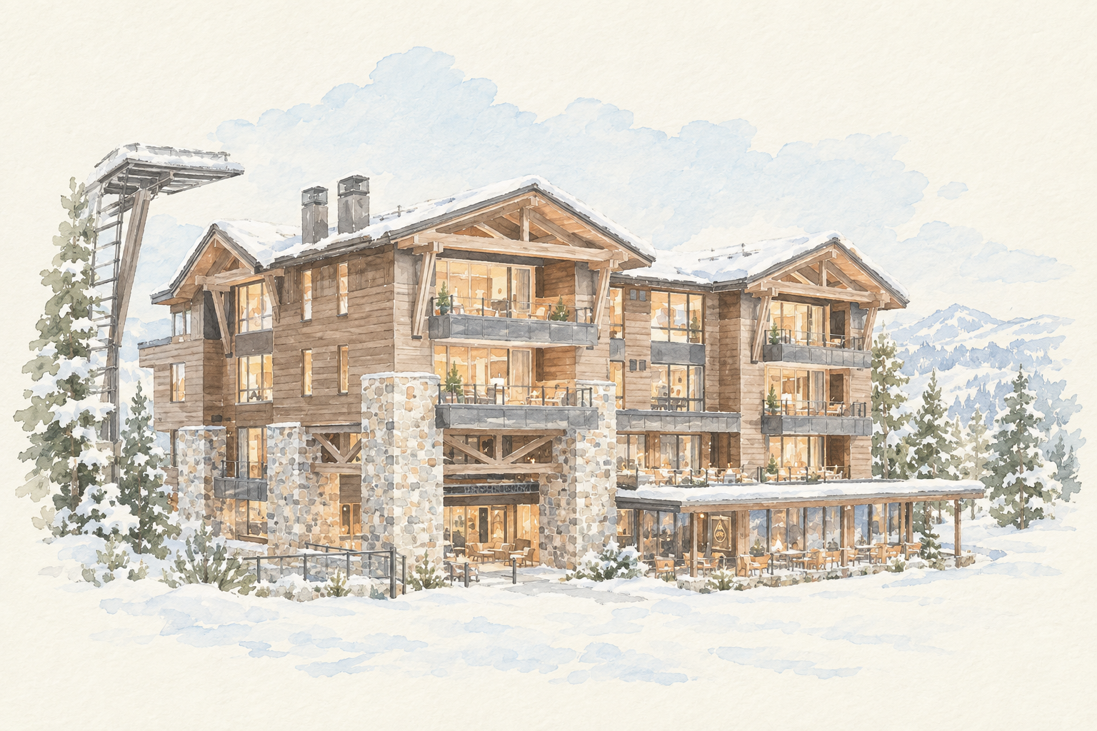 Watercolor illustration of Caldera House, a timber and stone hotel in Jackson Hole.