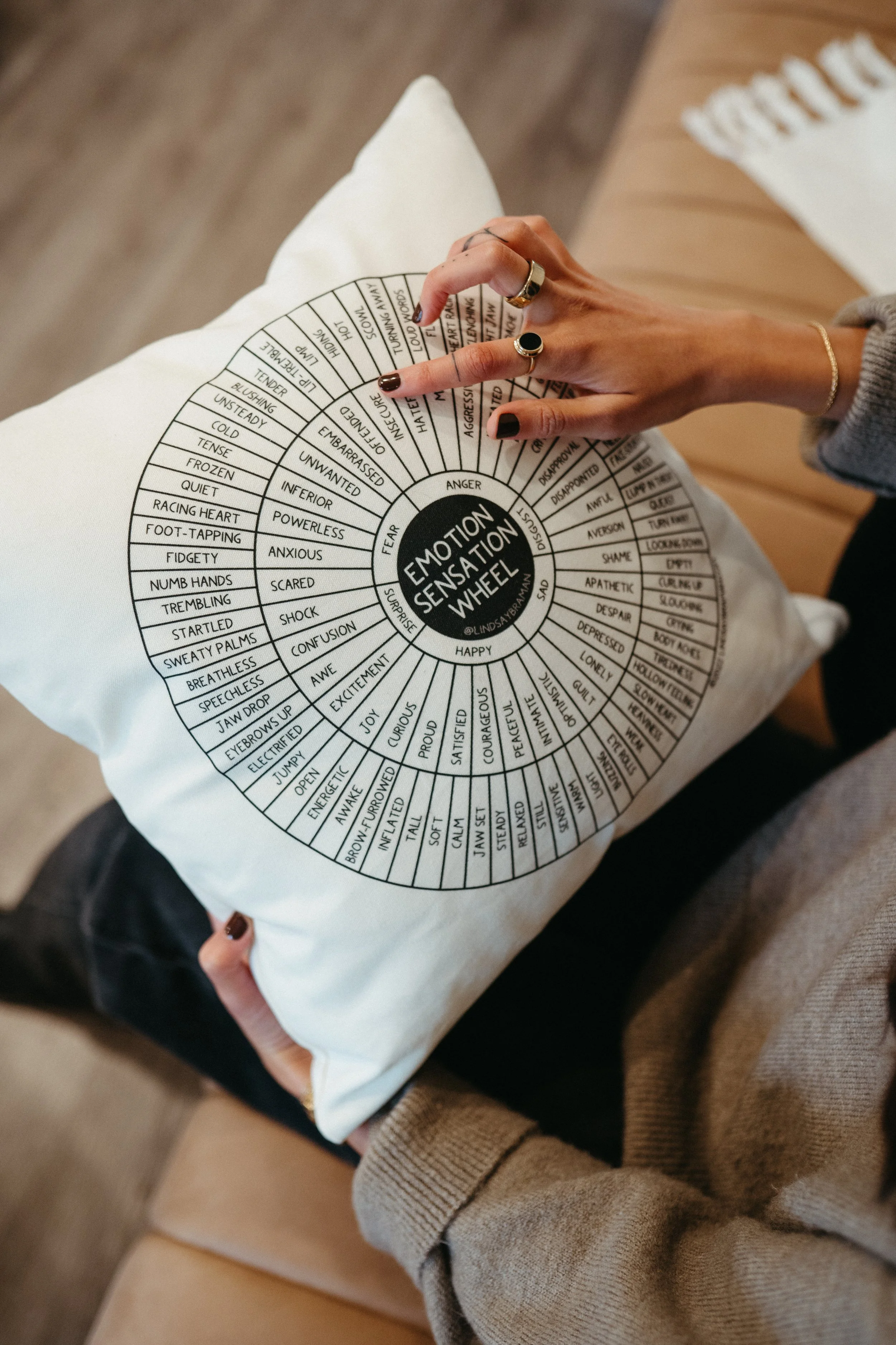 Person holding a white pillow with an emotional sensation wheel printed on it, depicting various emotions categorized by feelings such as fear, surprise, happiness, sadness, disgust, and anger.