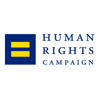 Logo of the Human Rights Campaign featuring a yellow equal sign on a blue square next to the organization's name.