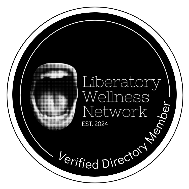 Black circular logo with a pixelated open mouth on the left. Text reads "Libertory Wellness Network EST. 2024" in the center. Curved text at the bottom says "Verified Directory Member."