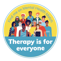 Illustration of diverse cartoon people with the text 'Find me on Mental Health Match' and 'Therapy is for everyone' in a circular design.