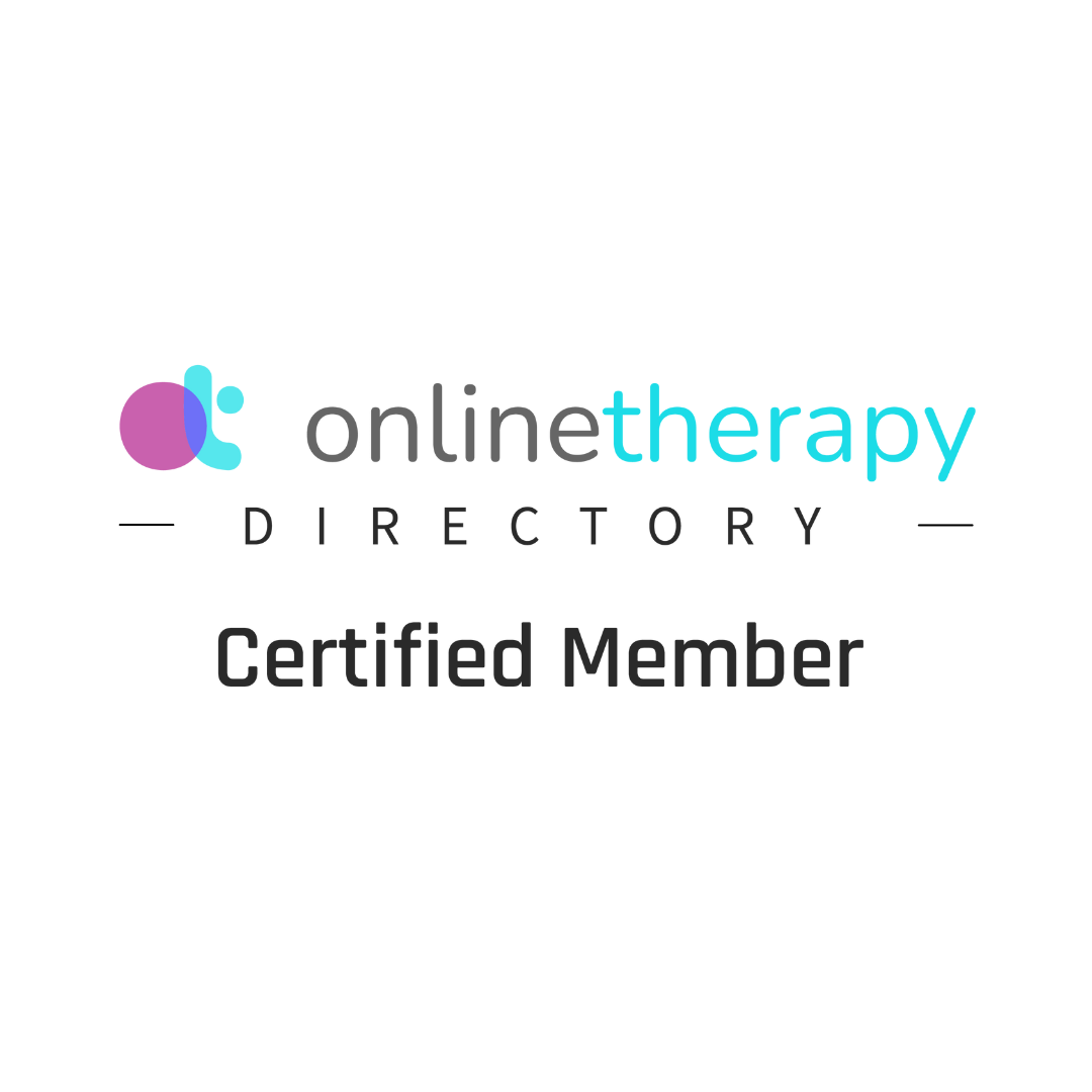 Online therapy directory logo with a purple and blue abstract icon and text in black and blue reading 'Online Therapy Directory, Certified Member'.