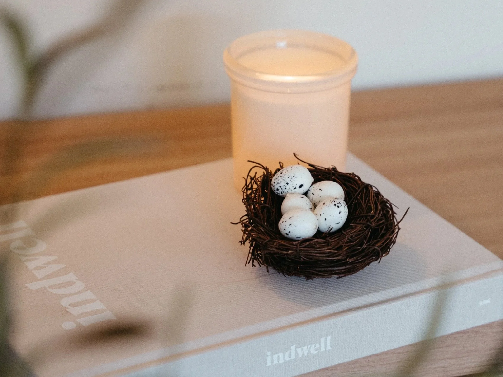 Photo of a nest holding five small speckled eggs in front of a softly lit candle, sitting on top of a book in the Nido Individual & Family Therapy office