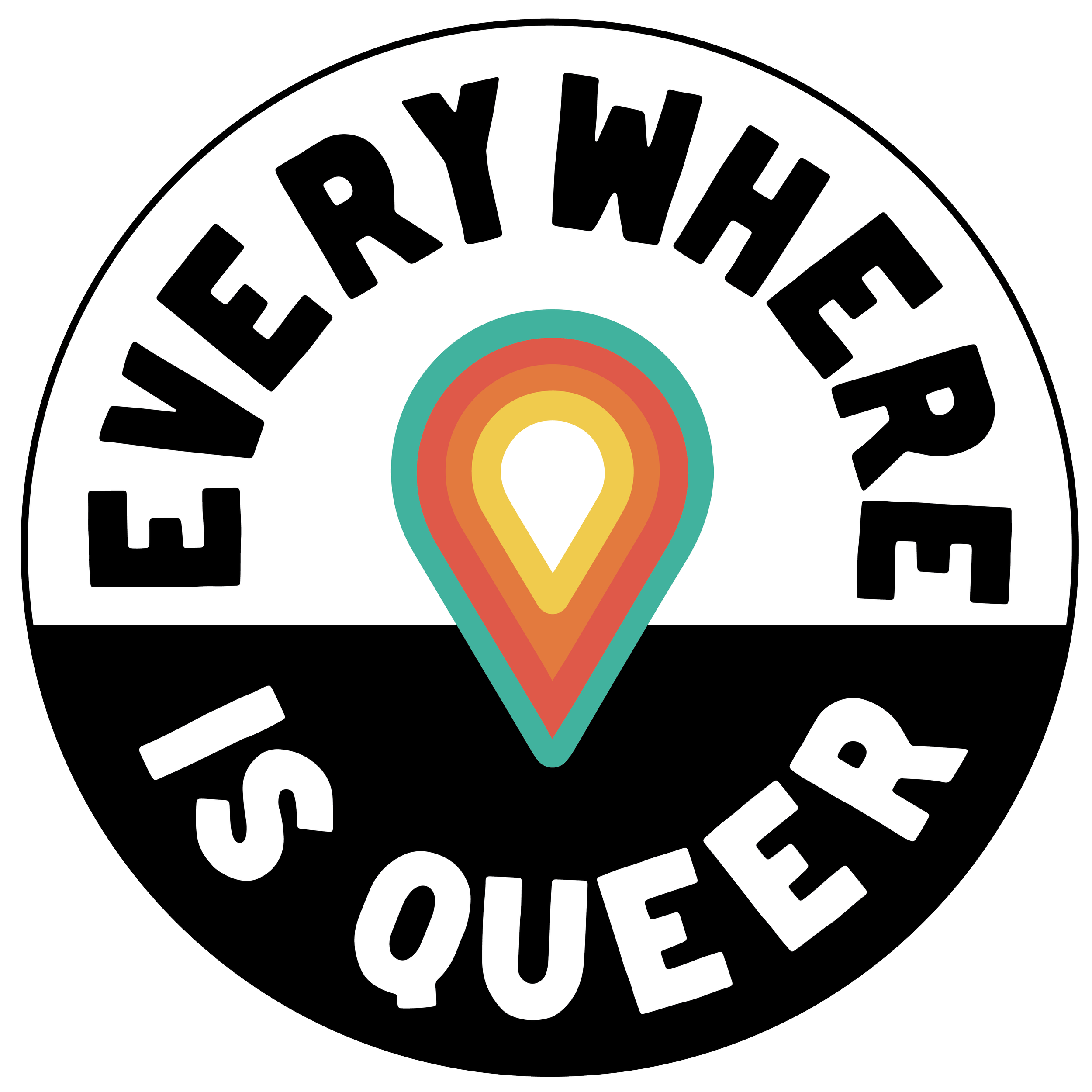 A circular logo with the words 'Everyone is Queer' around a multicolored map pin icon in the center on a black and white background.