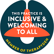 Circular badge with text promoting inclusive and welcoming therapy practice, with a teal background and orange, white, and yellow accents.