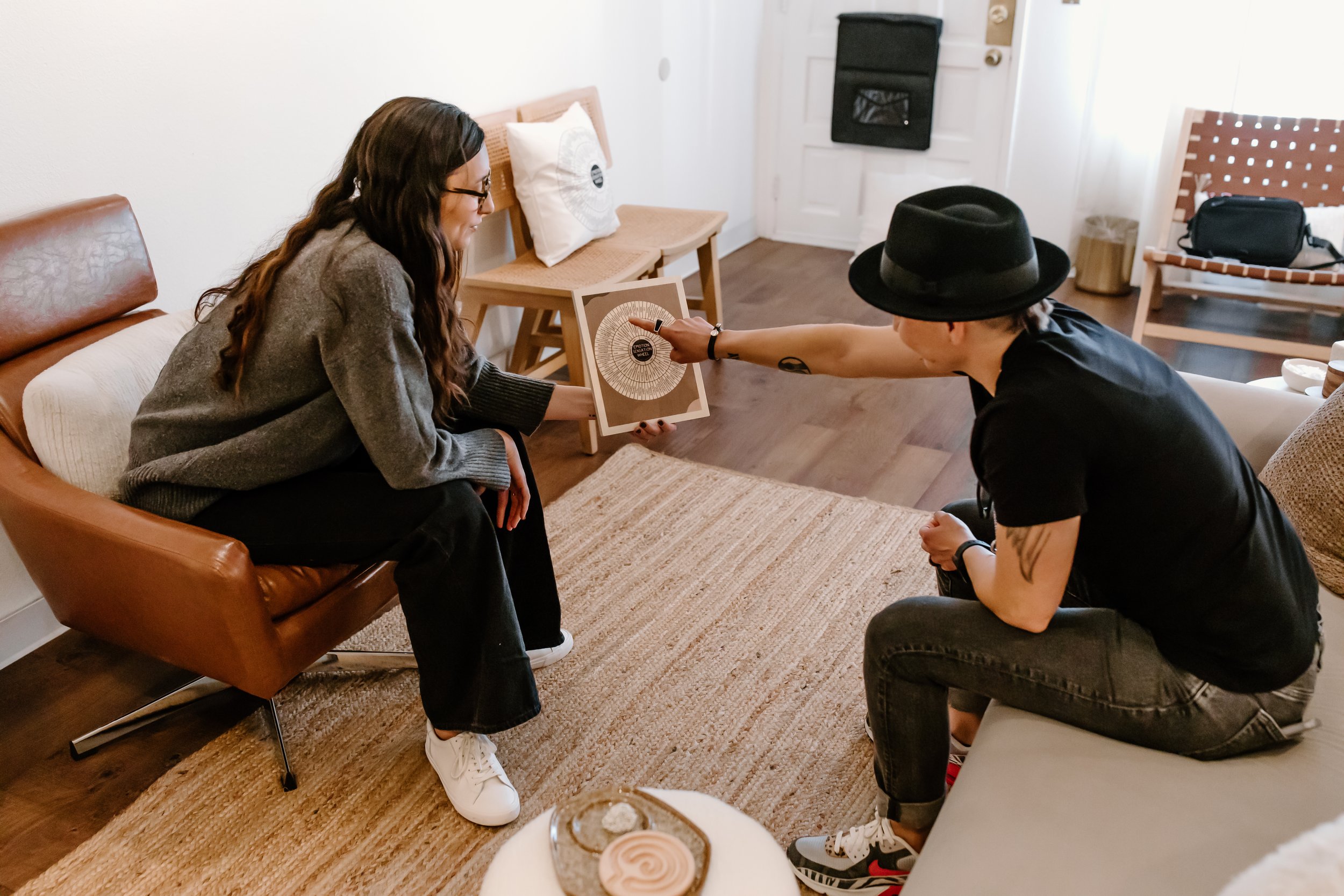 Photo of Nido IFT founder Sarah Finch holding an emotion wheel chart across from a client in a fedora who points to it