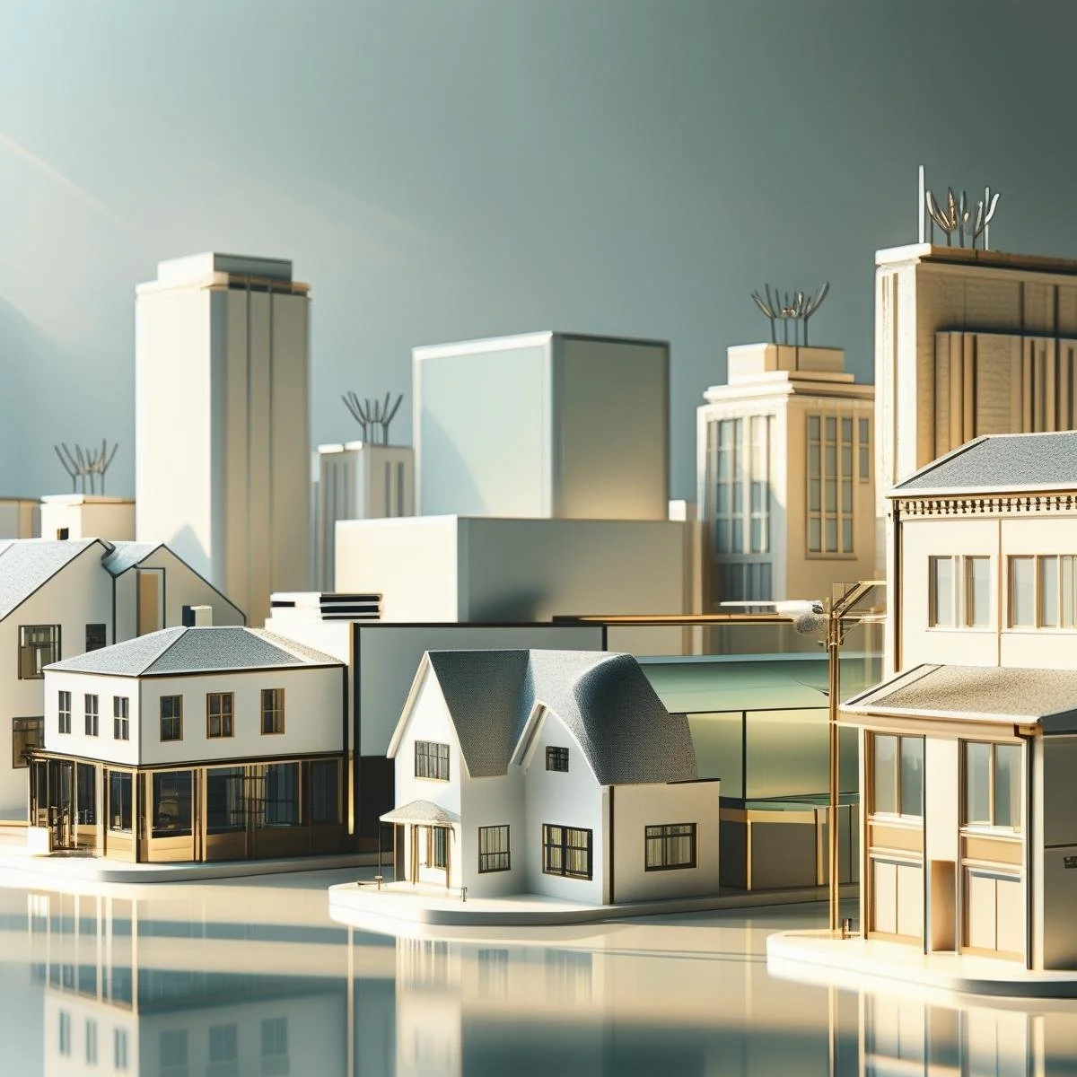A miniature model of a cityscape with various buildings, including houses and high-rise structures, set against a gradient background.