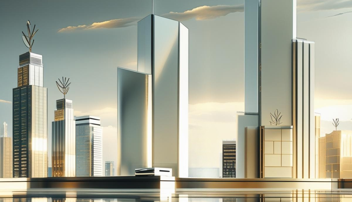 Modern city skyline with tall skyscrapers and office buildings at sunset.