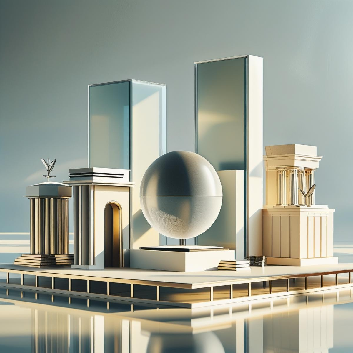 A modern architectural model featuring various white and gold classical and contemporary structures with a large sphere in the center, set on a reflective surface.