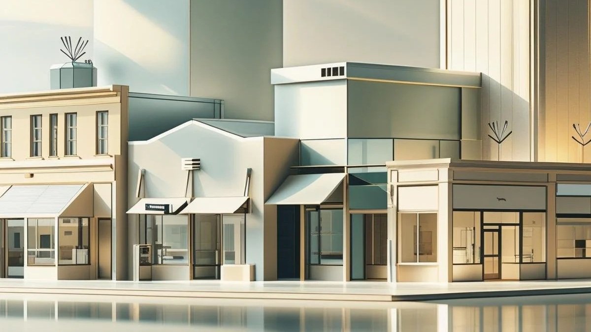 Stylized illustration of a city street with various storefront buildings.