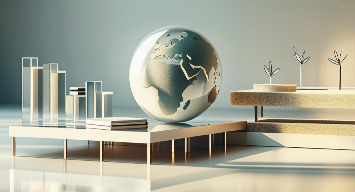 Modern decorative display with a globe, books, and small plants on tiered shelves