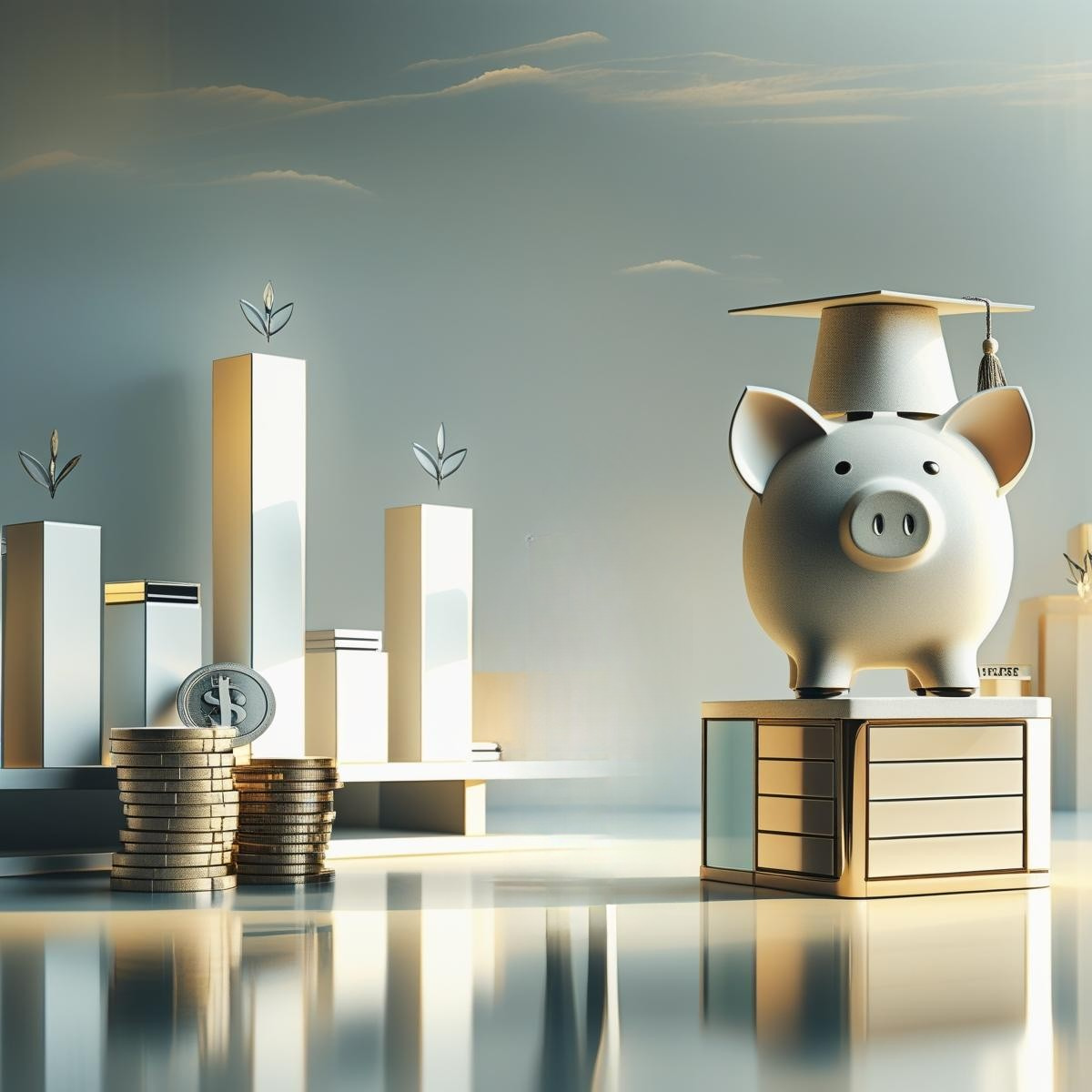 A piggy bank with a graduation cap, surrounded by stacks of coins and upward-trending bar graphs with plant-like icons, representing savings or financial growth.
