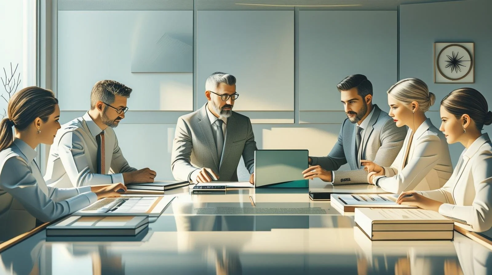 Business meeting with seven professionals seated around a conference table, working on laptops and reviewing documents.