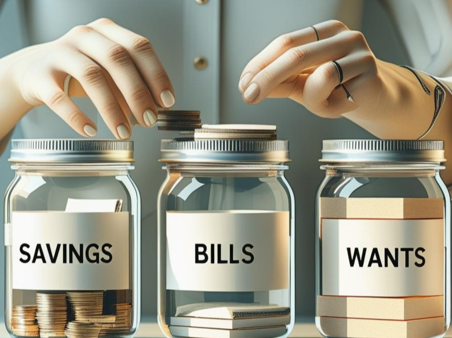 Three glass jars labeled Savings, Bills, and Wants with hands placing and removing coins, representing financial management.