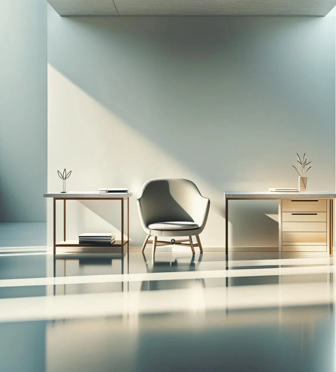 Minimalist interior with two wood tables, a gray armchair, and decorative plants, illuminated by sunlight and shadows.