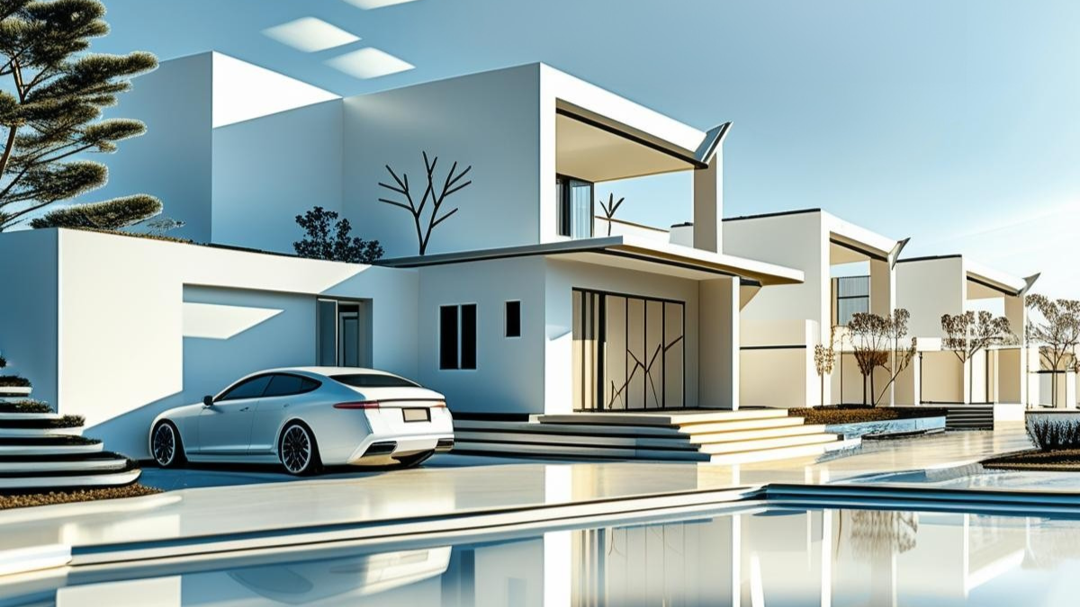 Modern white residential buildings with large windows, trees, a car in the driveway, and a reflecting pool in the foreground under a clear blue sky.