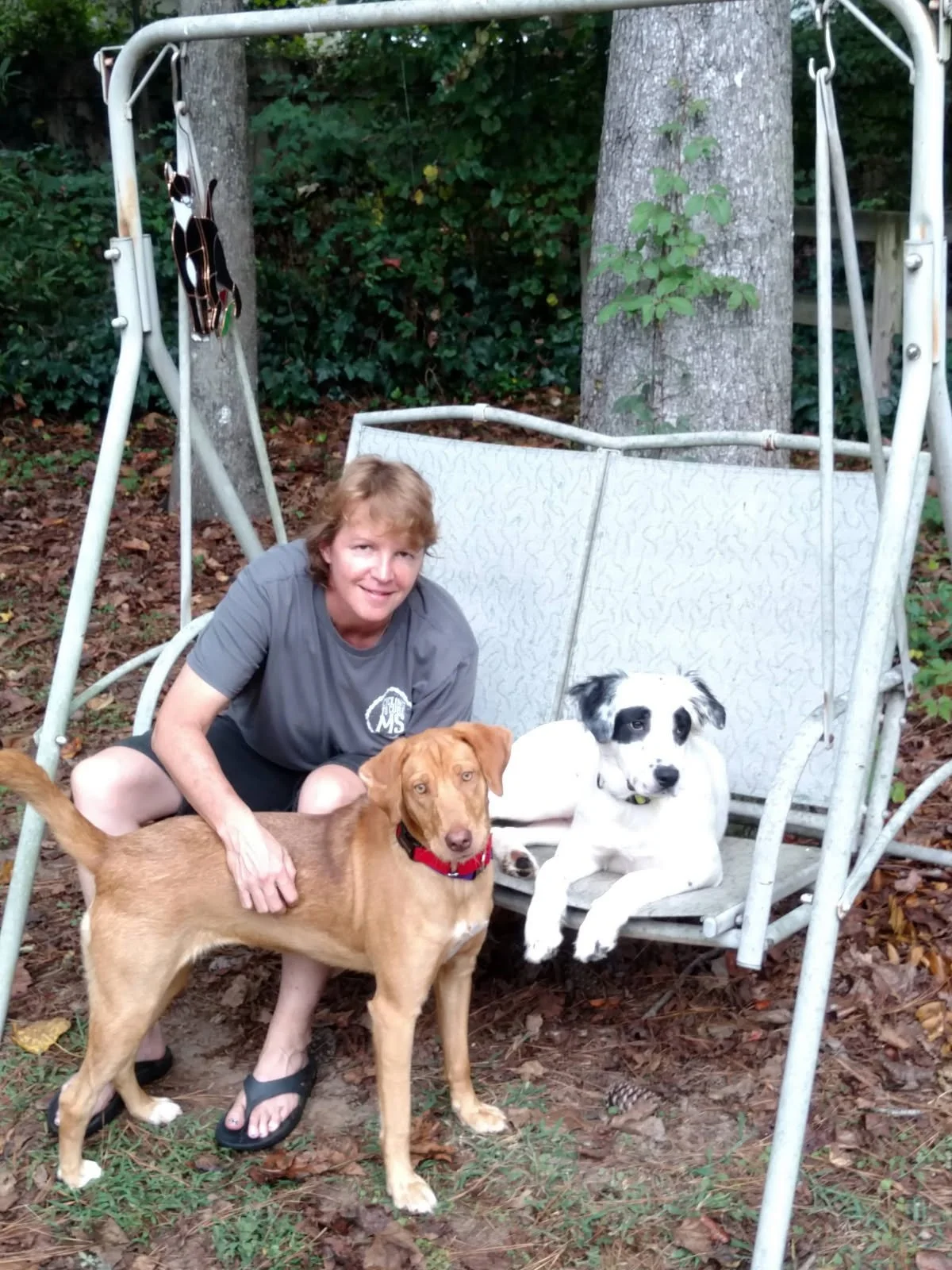 Animal communication, Atlanta pet medium and pet psychic. A woman sitting on a white metal garden swing with two dogs, one sitting on the ground and the other on the swing, outdoors on leaf-covered ground with trees and bushes in the background.