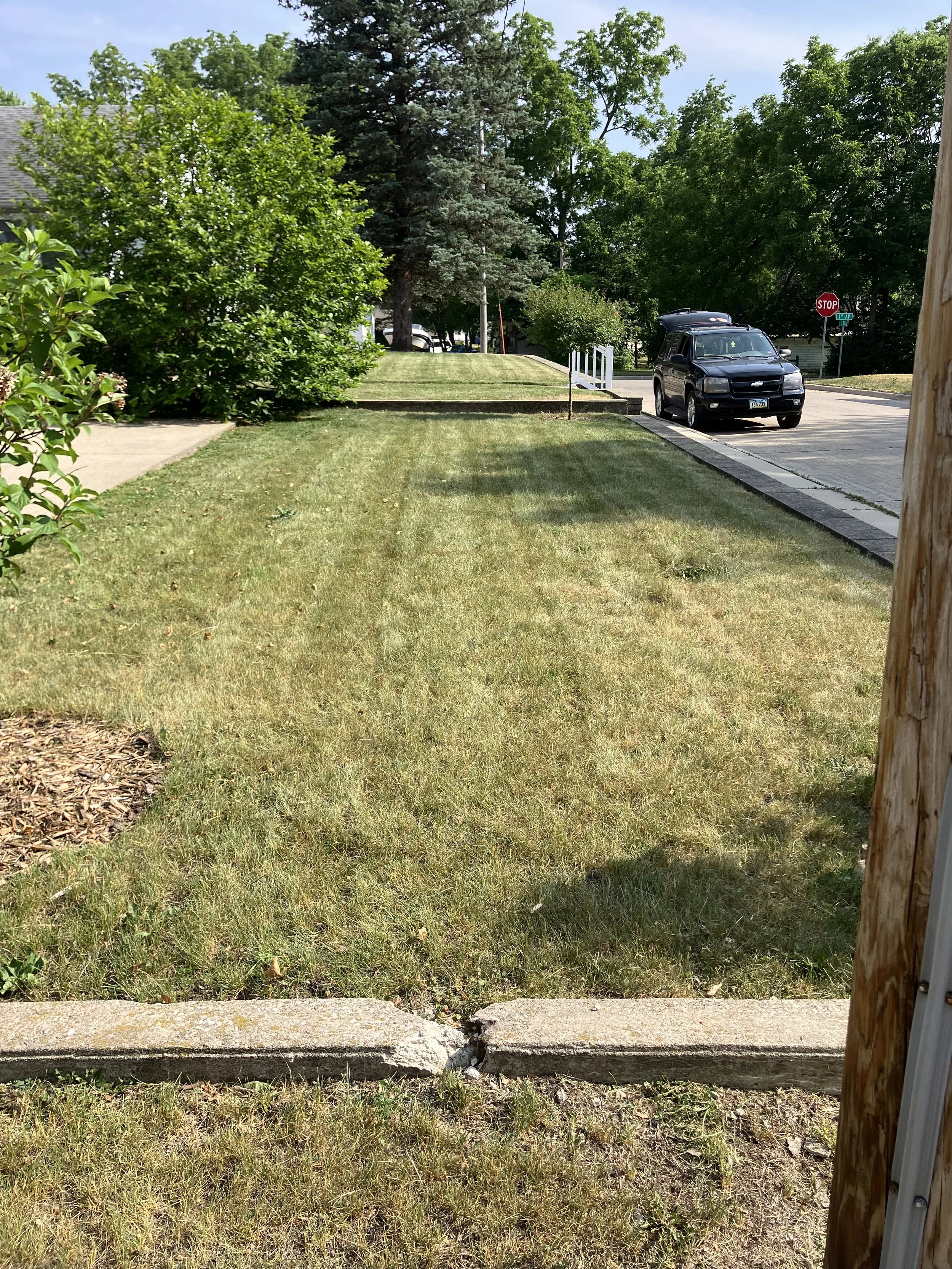A grassy front yard with a concrete sidewalk, bushes, and trees. A black SUV is parked on the street near a stop sign, with a clear blue sky overhead.