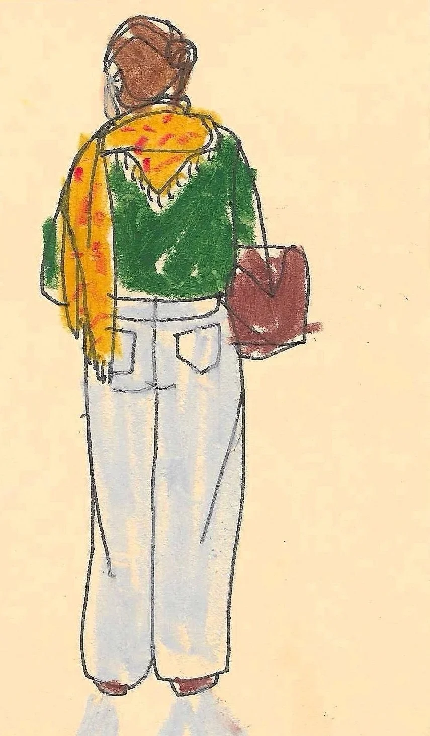A colorful sketch of a woman walking away, wearing light-colored pants, a green jacket, and a yellow scarf with red details. She carries a brown handbag.
