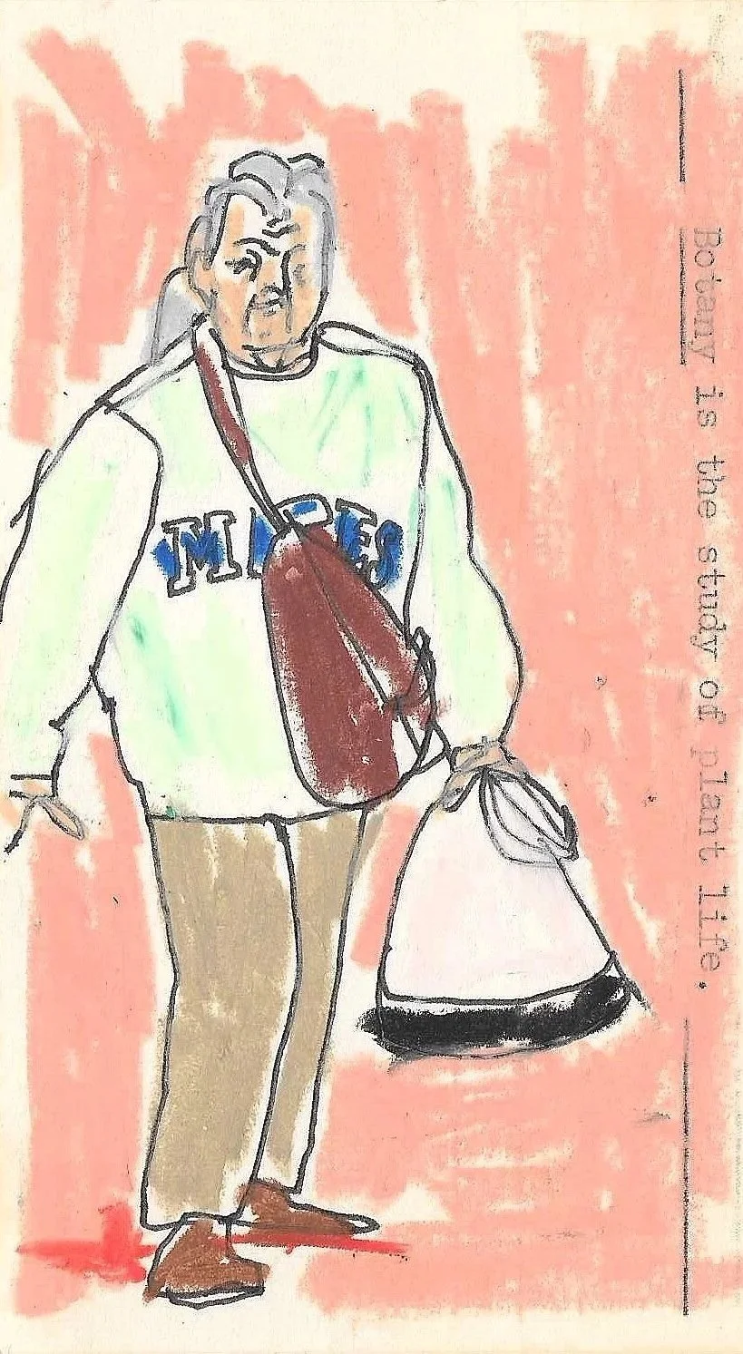 A hand-drawn illustration of a woman with gray hair, wearing a white sweatshirt with 'MORE' written on it, khaki pants, and brown shoes. She carries a red crossbody bag and a white bag with black trim. There is a quote on the right side of the image 