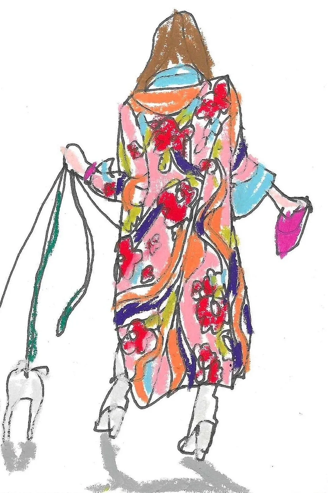 A colorful, fashion illustration of a woman wearing a floral dress.