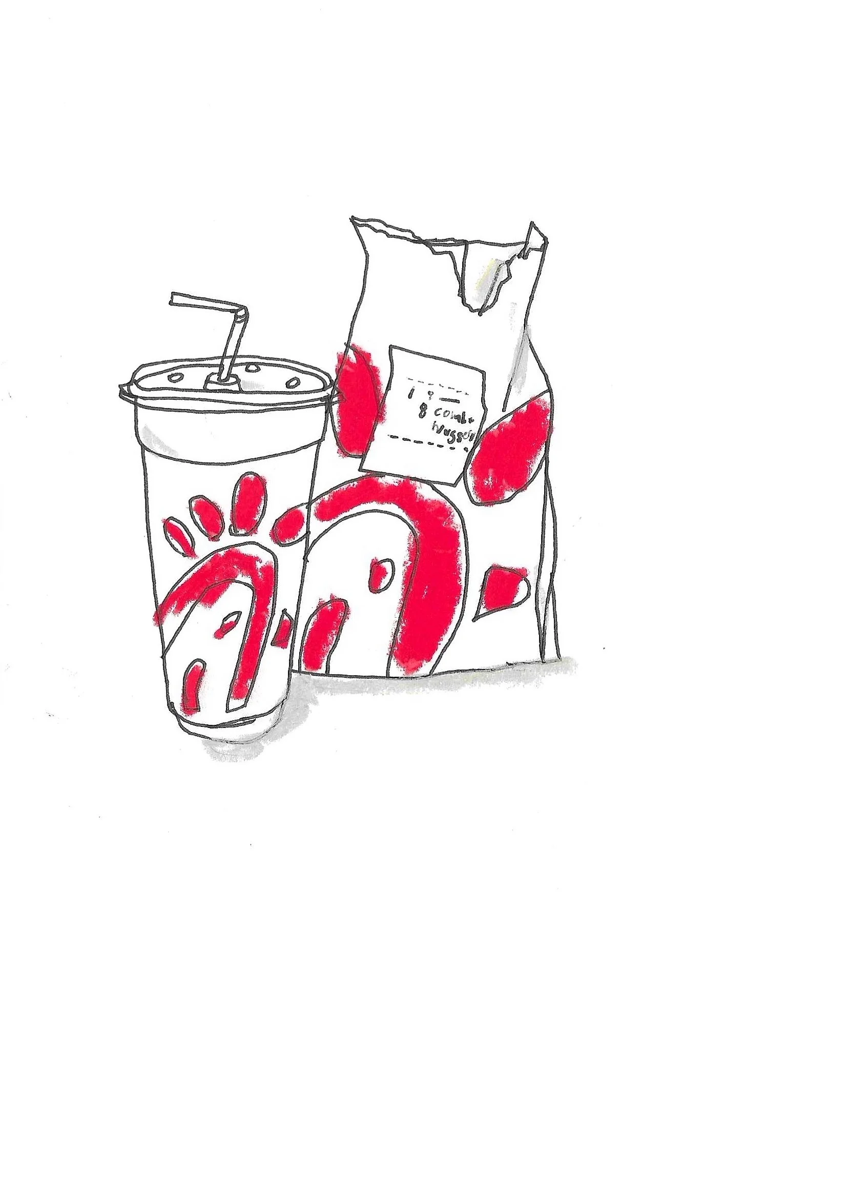 Sketch of a fast food meal with a soda cup and a bag of fries, featuring red decorative elements.