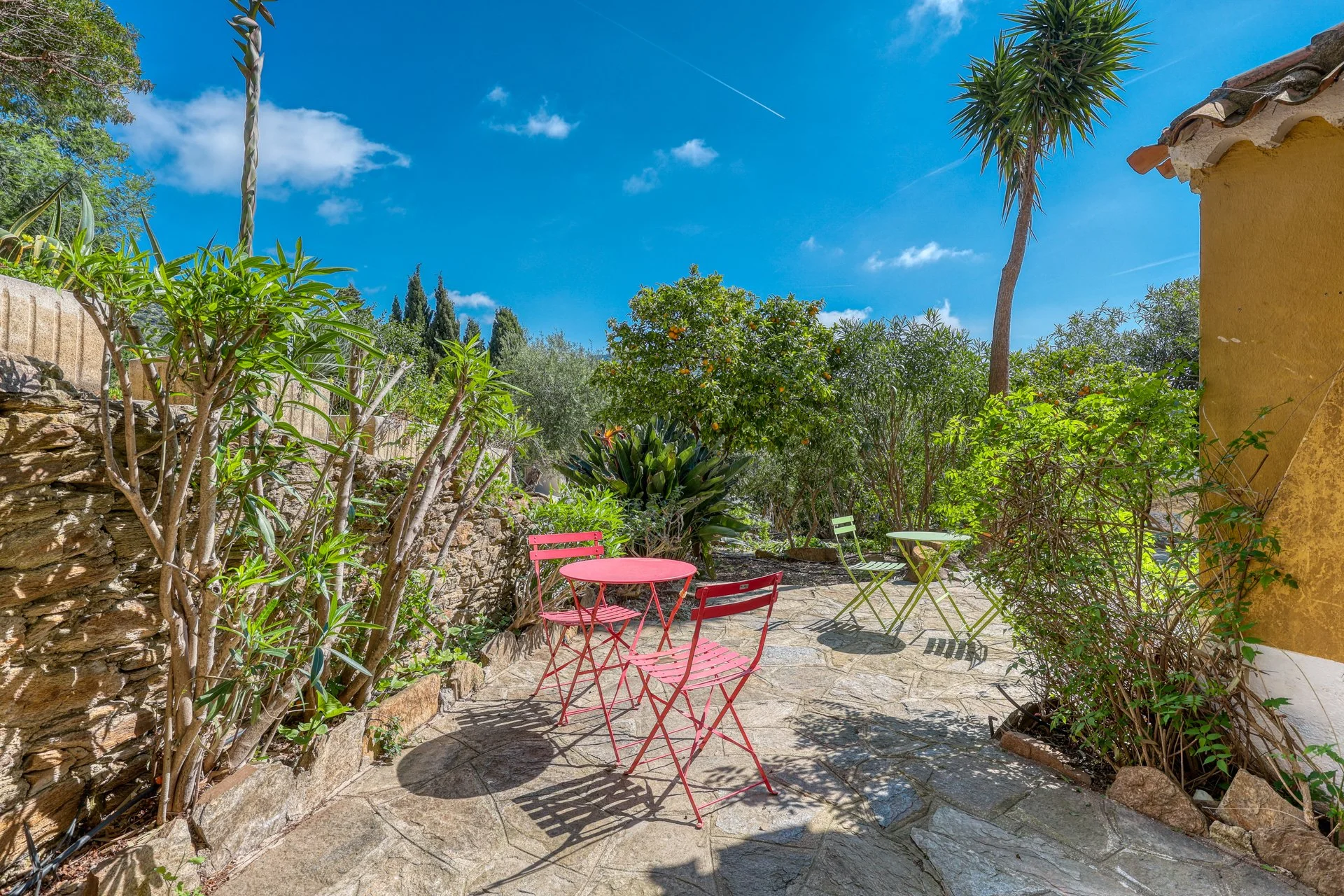 A sunny outdoor patio with pink, green, and red metal chairs and a small table surrounded by lush green plants, trees, and a stone wall, under a bright blue sky with some clouds.