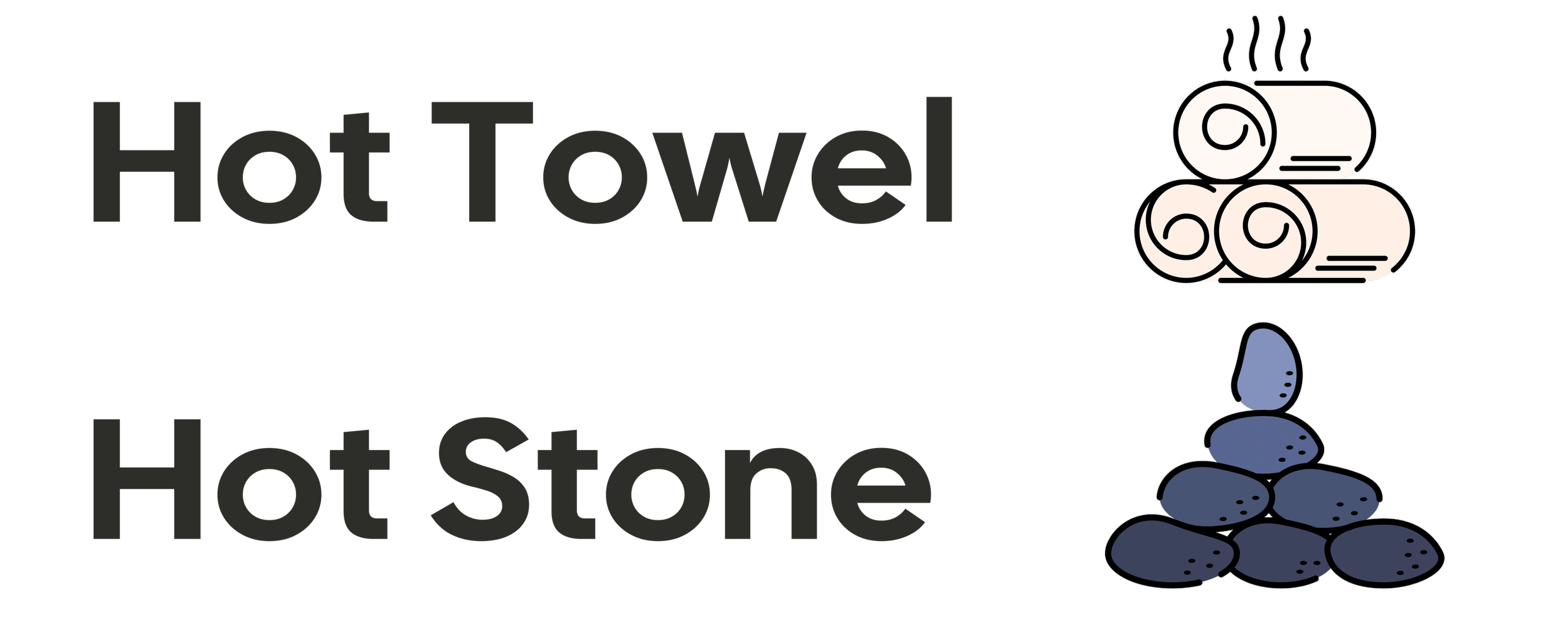 Comparison of a stack of rolled towels labeled as 'Hot Towel' and a pile of hot stones labeled as 'Hot Stone.'