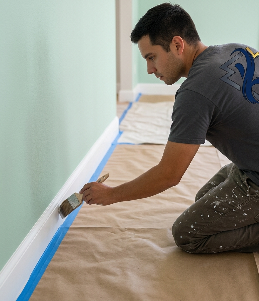 A man painting a white baseboard along a green wall with a paintbrush, kneeling on brown paper covering the floor for protection.